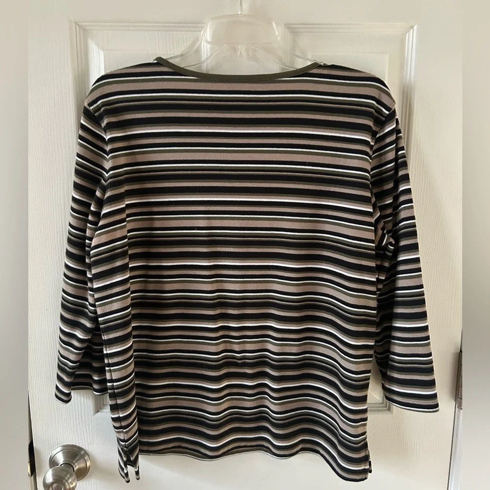 Black, Olive, Tan, and White Striped 3/4 Sleeve Top - Picture 4 of 5